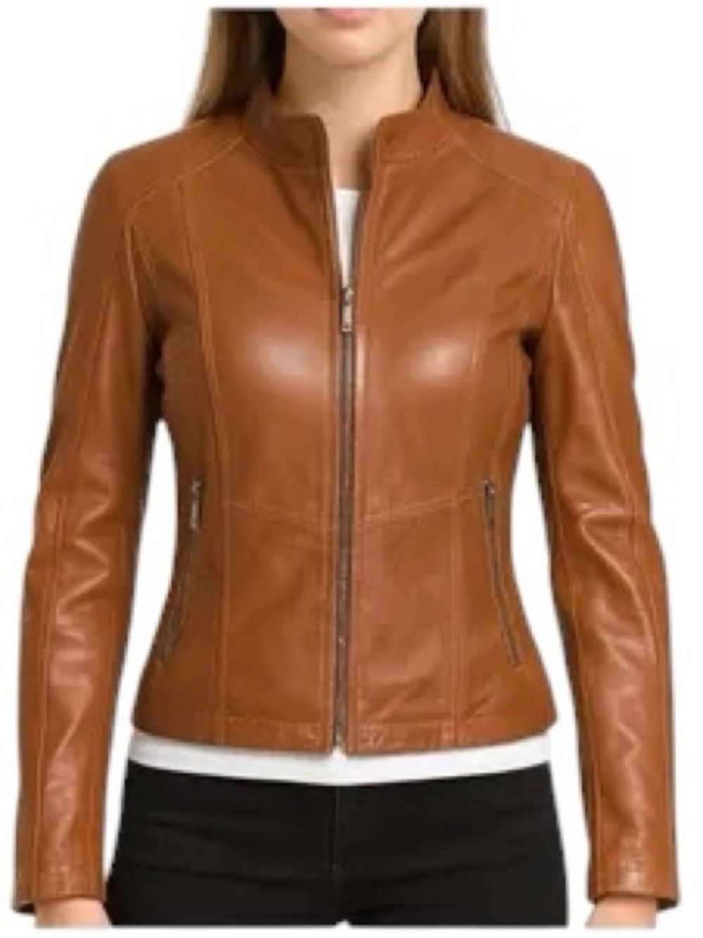 Halogen Cognac Leather Zip-Front Jacket